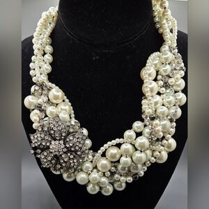 White House Black Market Pearl Cluster Necklace w/ Crystal Floral Brooch